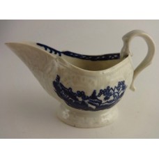 Liverpool 'Pennington?' Moulded Sauce Boat, Oriental Blue and  White scenes, c1780